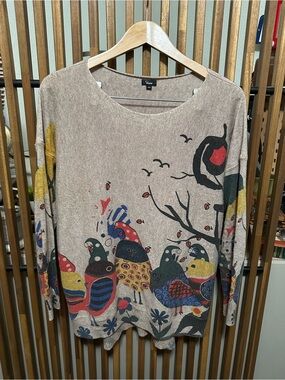 Shana Wearable Art Whimsical Bird Graphic Knit Sweater Boho Quirky Artsy Medium